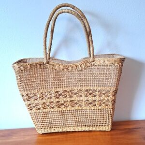 Woven Wicker Tote Bag Lined Cotton Boho Basket